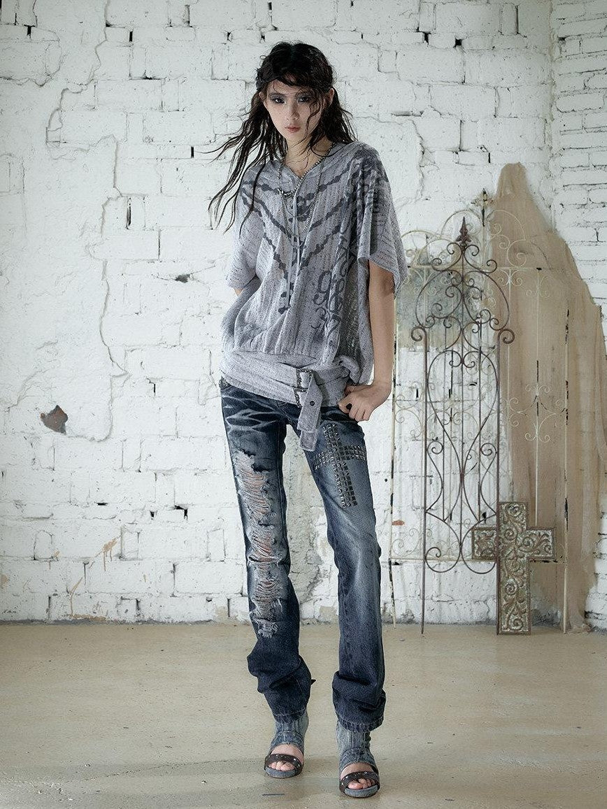 NO ROMANCE Rhinestone Washed Distressed High Waist Slim Women'S Cotton Blend Straight Jeans