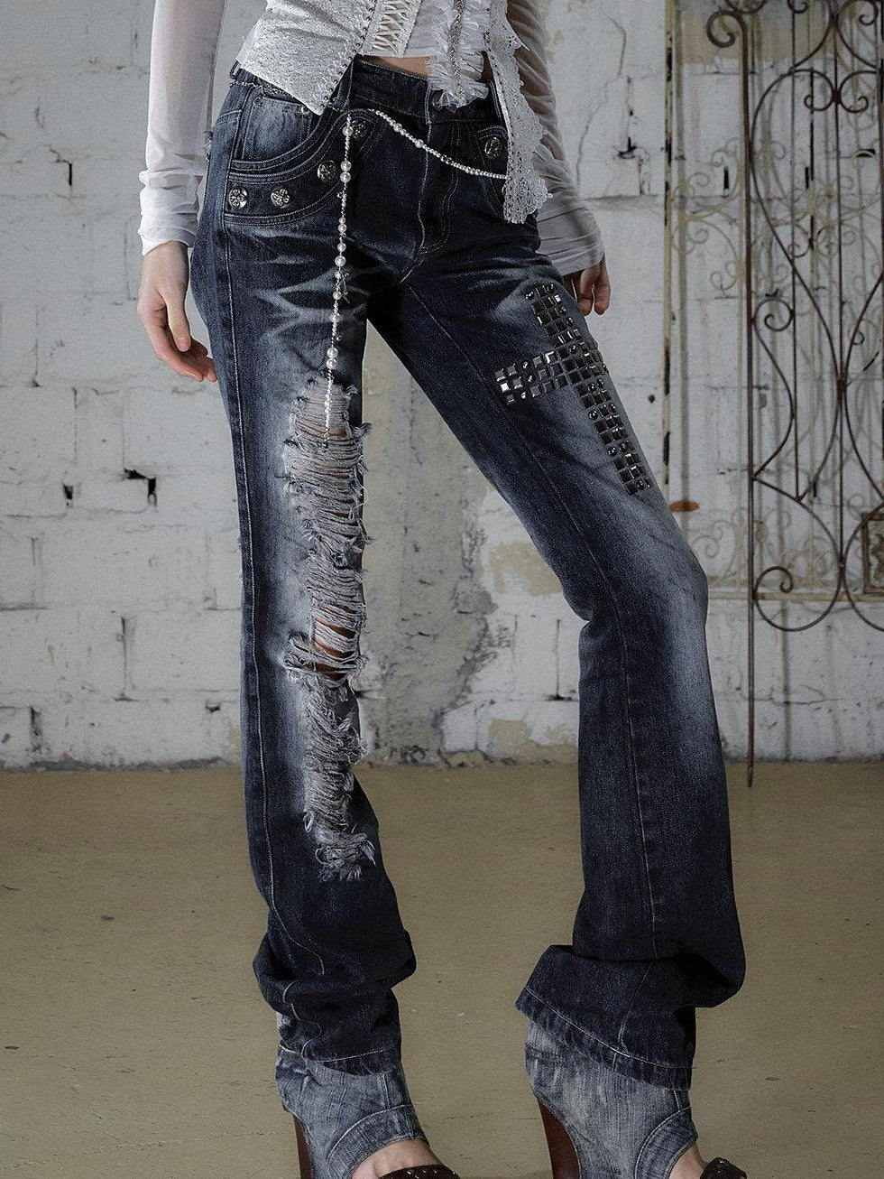 NO ROMANCE Rhinestone Washed Distressed High Waist Slim Women'S Cotton Blend Straight Jeans