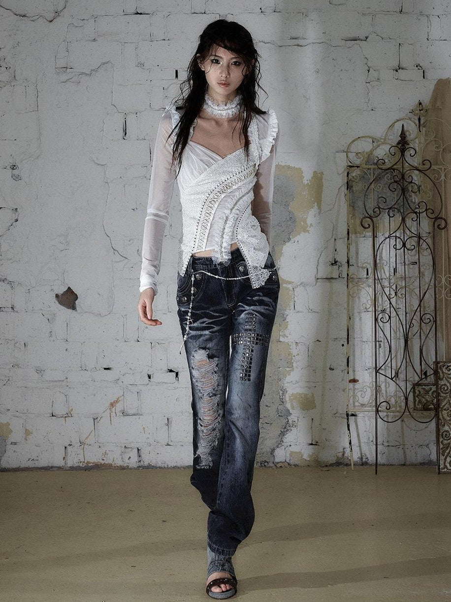 NO ROMANCE Rhinestone Washed Distressed High Waist Slim Women'S Cotton Blend Straight Jeans