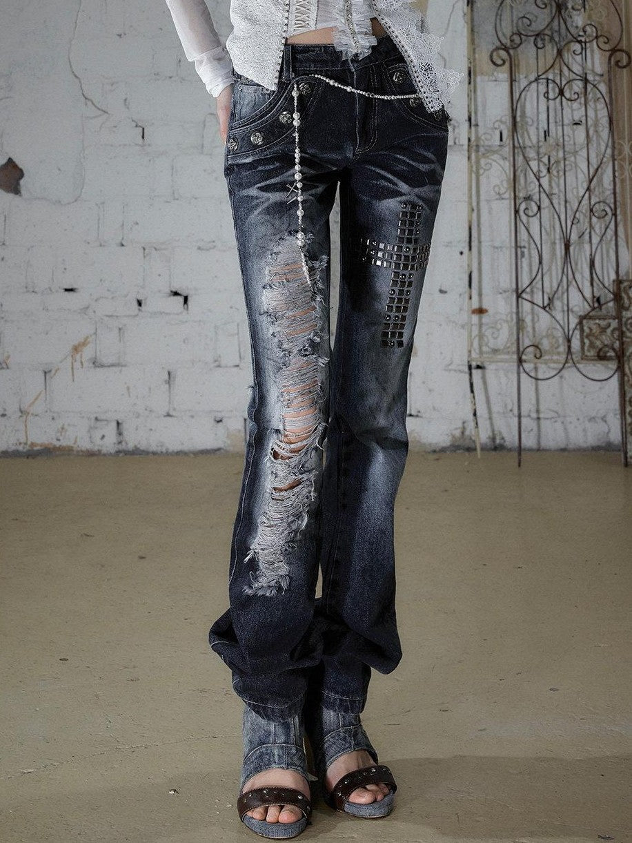NO ROMANCE Rhinestone Washed Distressed High Waist Slim Women'S Cotton Blend Straight Jeans