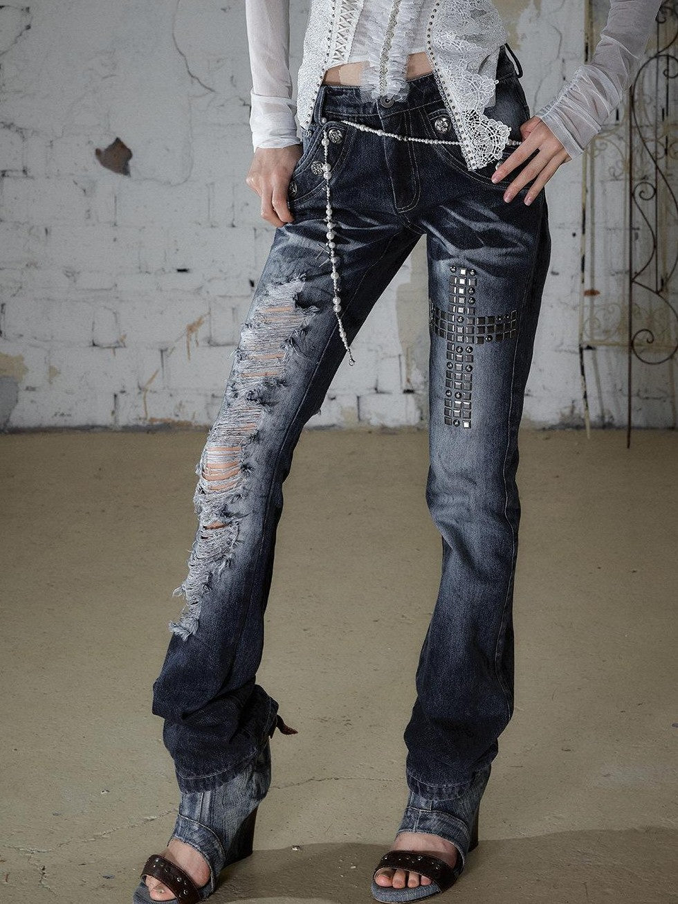 NO ROMANCE Rhinestone Washed Distressed High Waist Slim Women'S Cotton Blend Straight Jeans