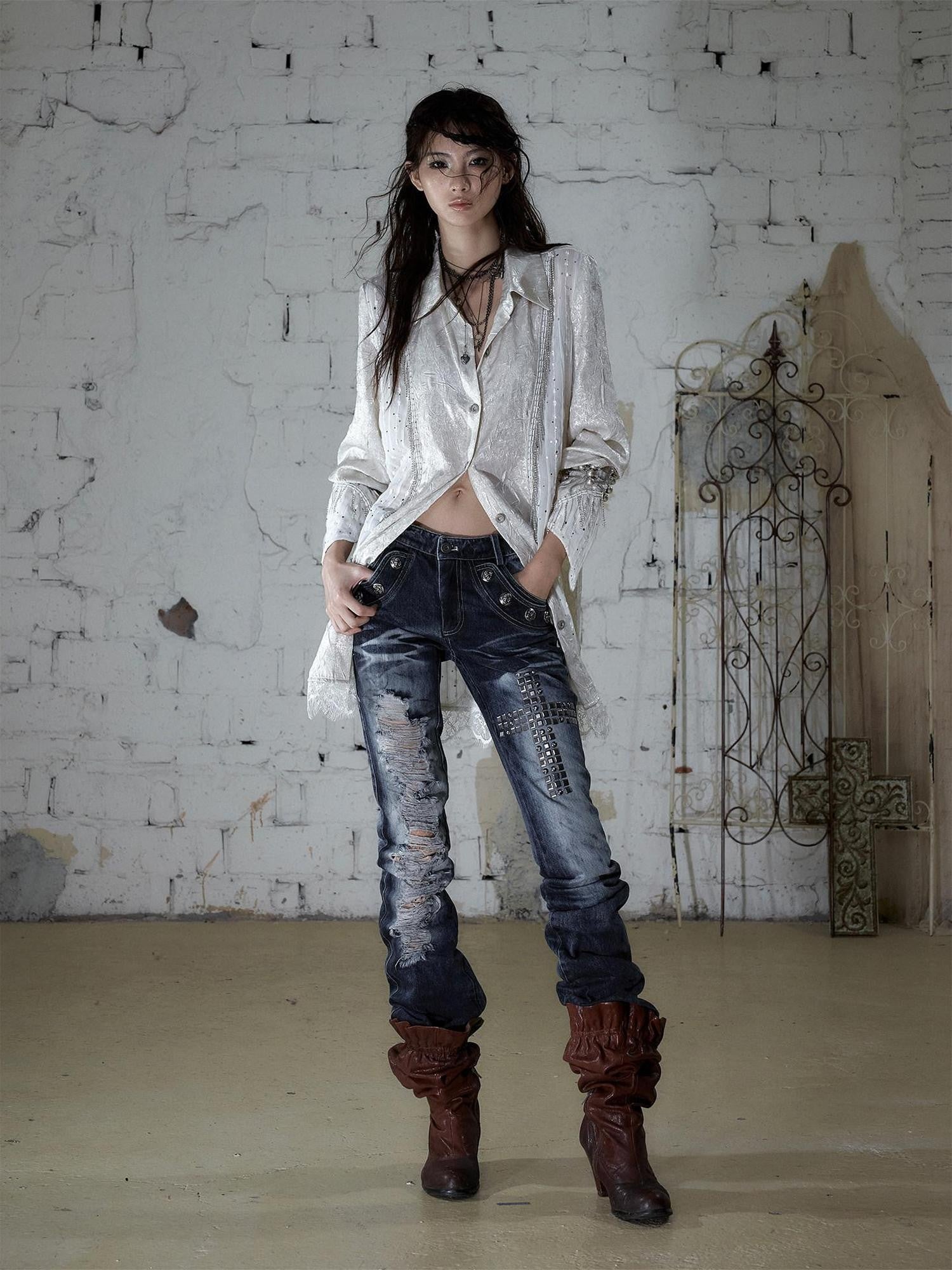 NO ROMANCE Rhinestone Washed Distressed High Waist Slim Women'S Cotton Blend Straight Jeans
