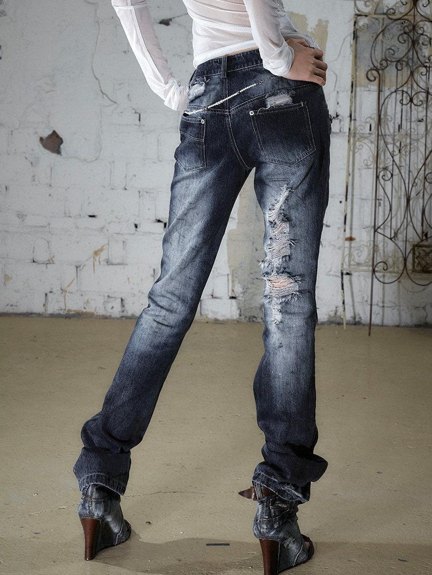 NO ROMANCE Rhinestone Washed Distressed High Waist Slim Women'S Cotton Blend Straight Jeans