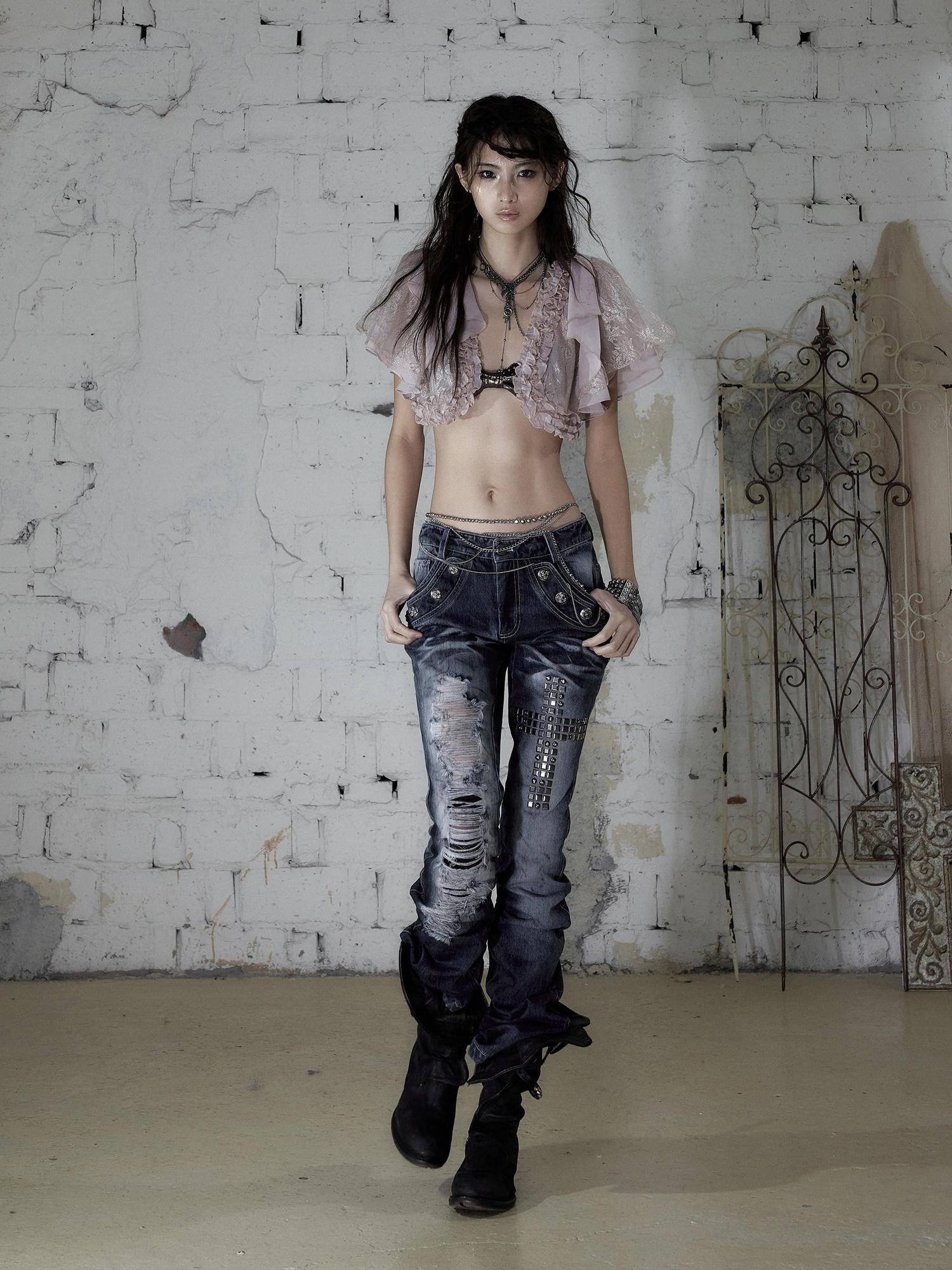 NO ROMANCE Rhinestone Washed Distressed High Waist Slim Women'S Cotton Blend Straight Jeans
