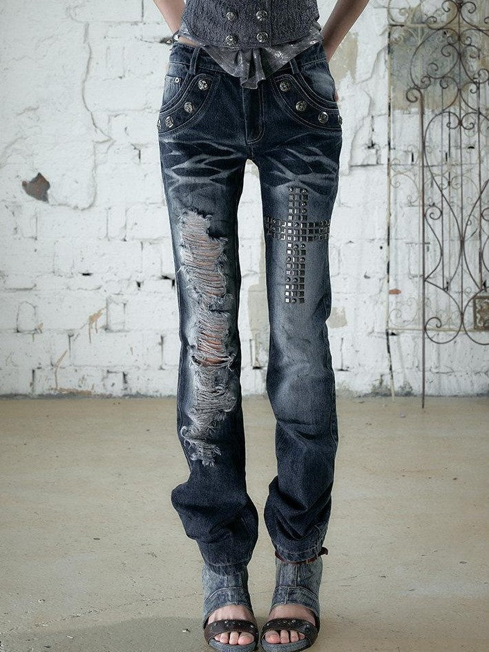 NO ROMANCE Rhinestone Washed Distressed High Waist Slim Women'S Cotton Blend Straight Jeans