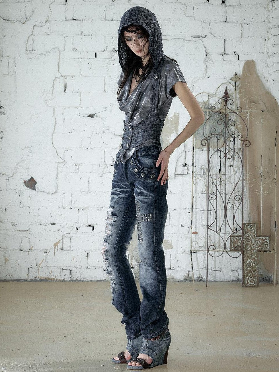 NO ROMANCE Rhinestone Washed Distressed High Waist Slim Women'S Cotton Blend Straight Jeans