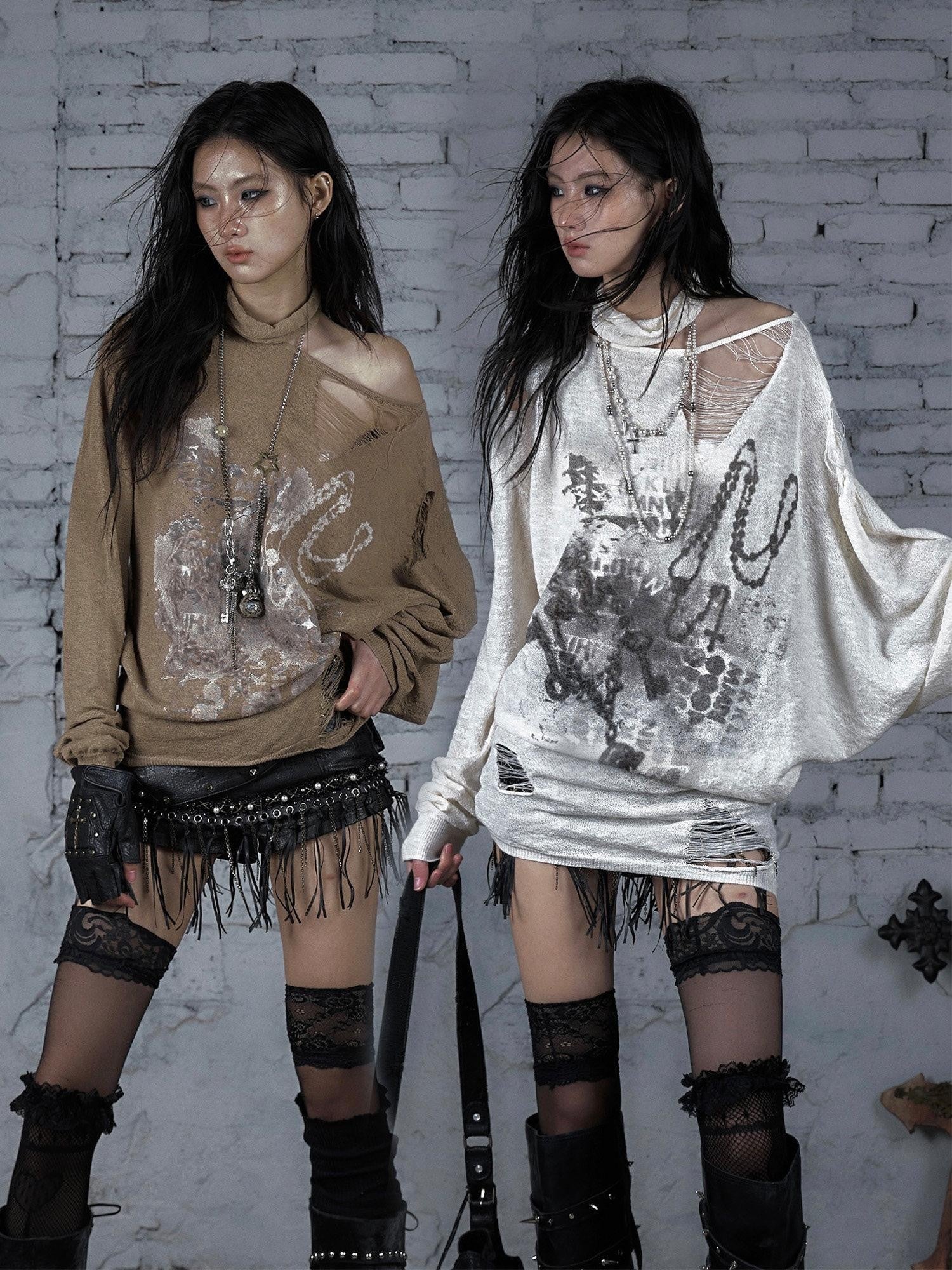 NO ROMANCE Ripped Baroque Punk Loose Asymmetric Shoulder Women'S Knit Long Sleeve T-Shirts