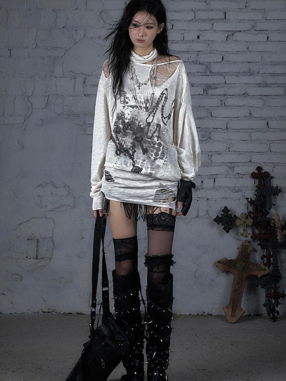 NO ROMANCE Ripped Baroque Punk Loose Asymmetric Shoulder Women'S Knit Long Sleeve T-Shirts