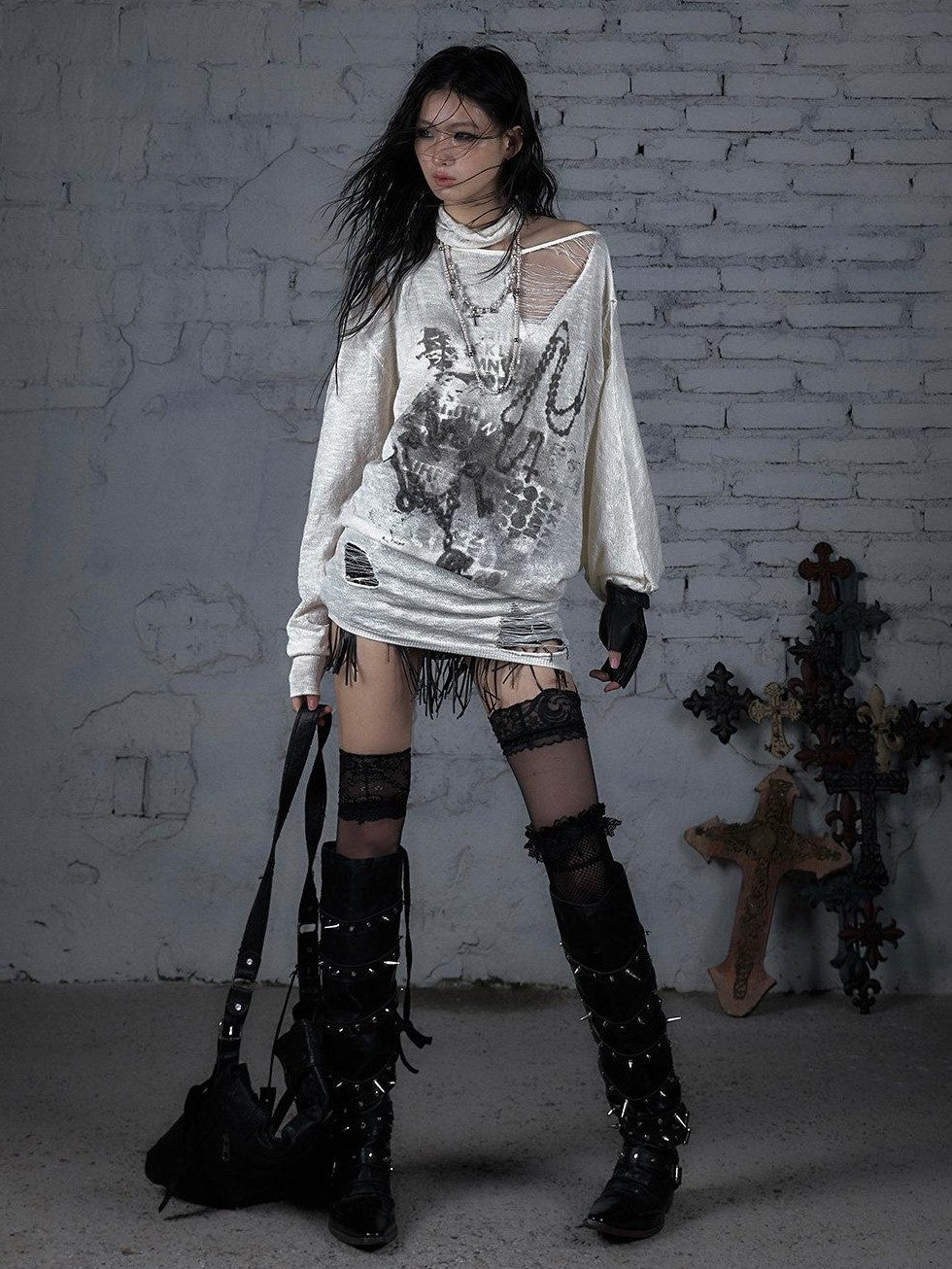 NO ROMANCE Ripped Baroque Punk Loose Asymmetric Shoulder Women'S Knit Long Sleeve T-Shirts