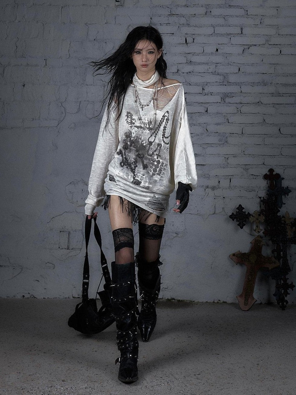 NO ROMANCE Ripped Baroque Punk Loose Asymmetric Shoulder Women'S Knit Long Sleeve T-Shirts