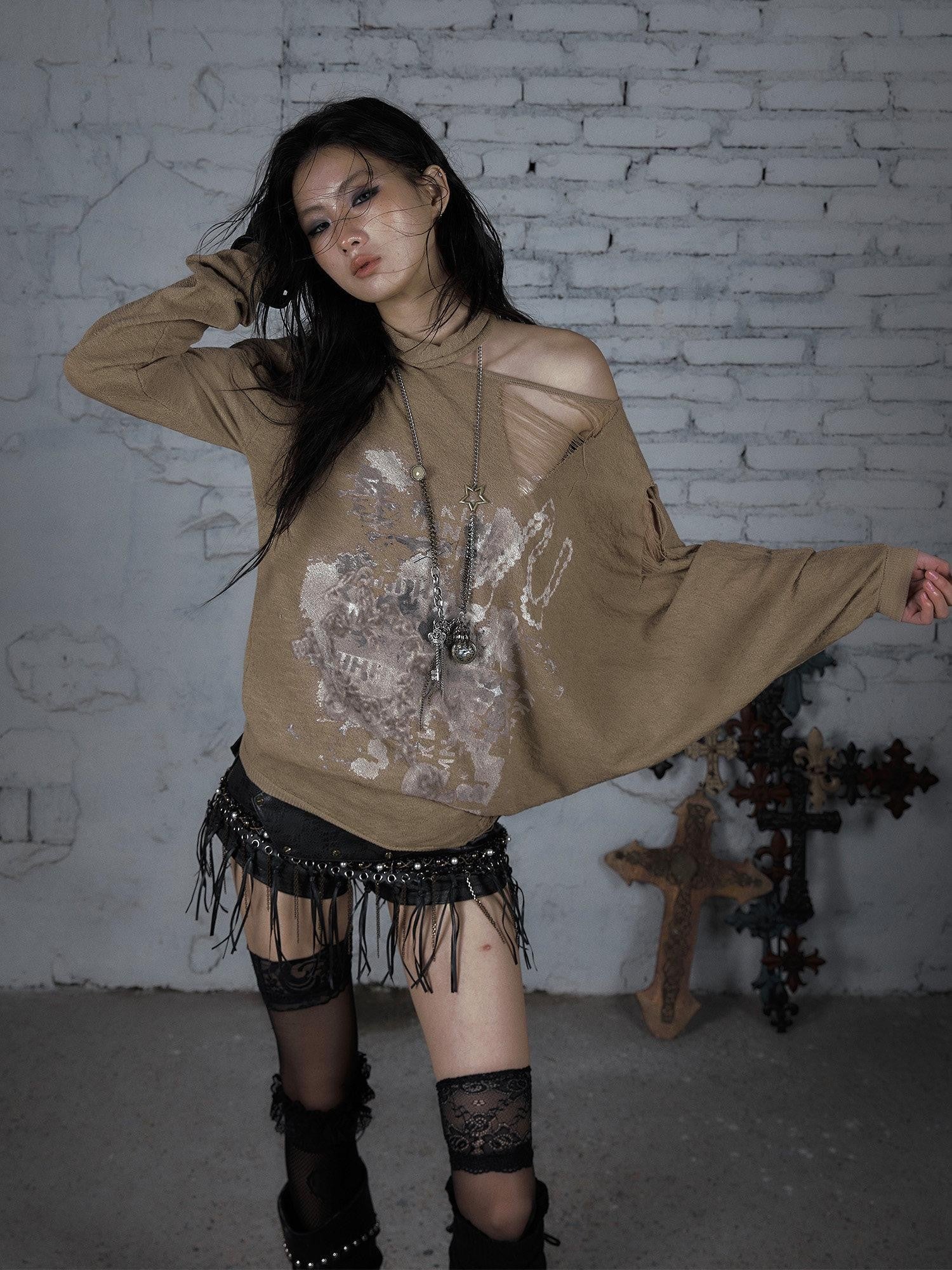 NO ROMANCE Ripped Baroque Punk Loose Asymmetric Shoulder Women'S Knit Long Sleeve T-Shirts
