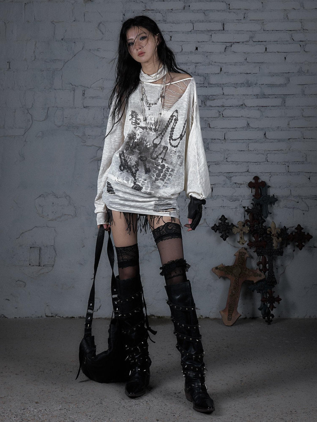 NO ROMANCE Ripped Baroque Punk Loose Asymmetric Shoulder Women'S Knit Long Sleeve T-Shirts