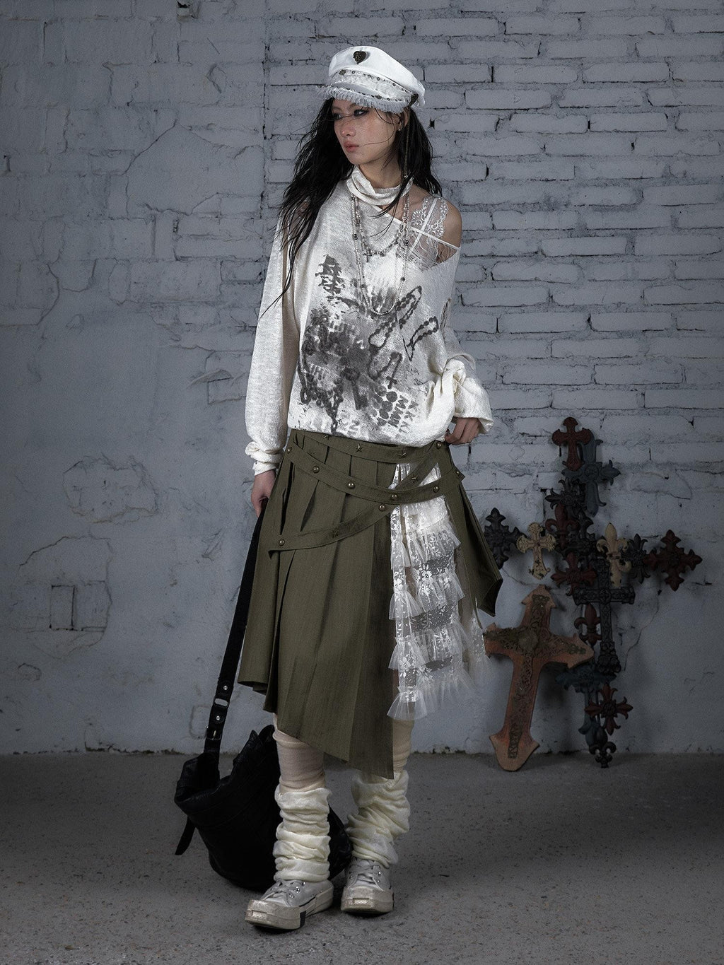 NO ROMANCE Ripped Baroque Punk Loose Asymmetric Shoulder Women'S Knit Long Sleeve T-Shirts