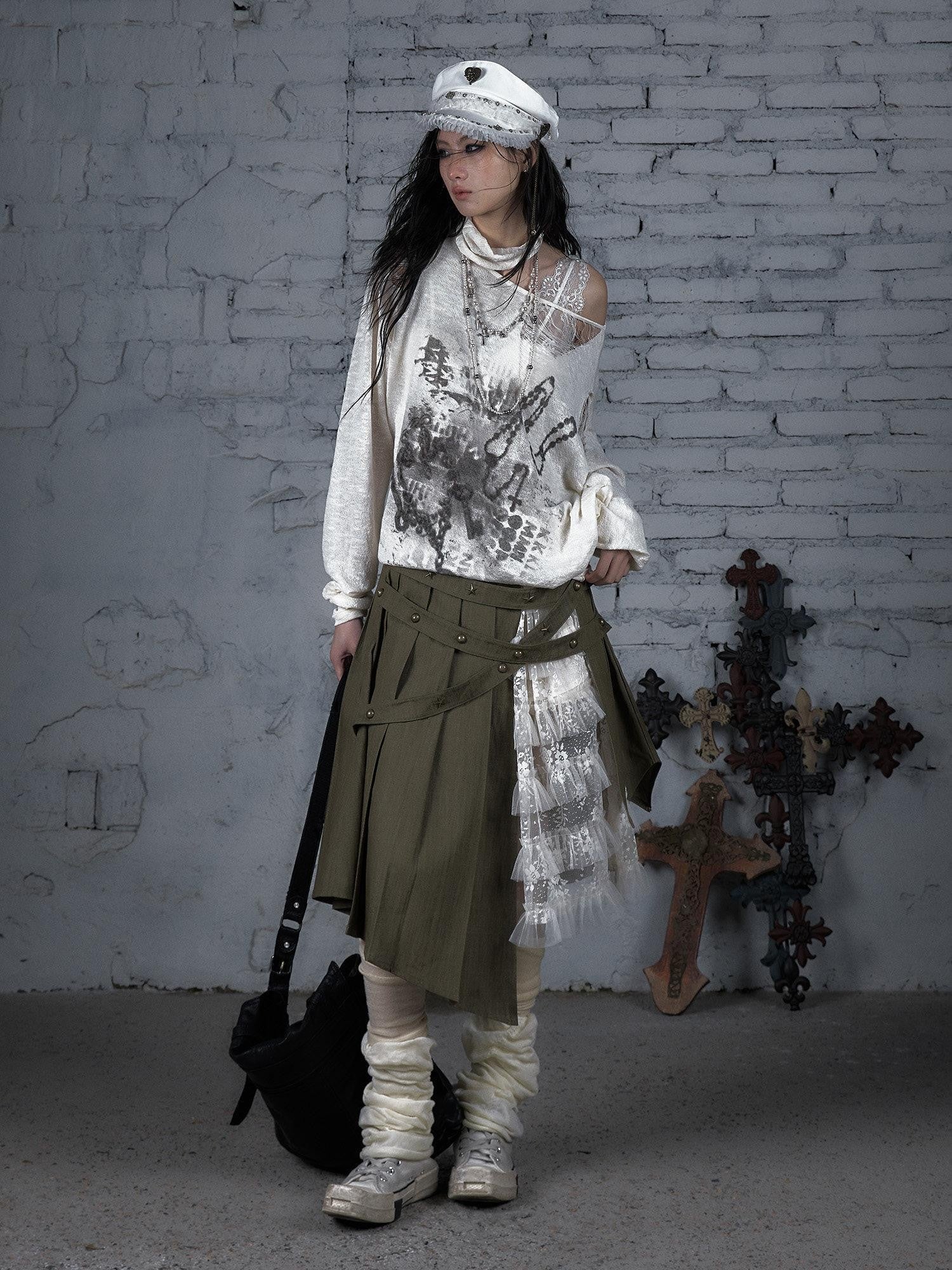 NO ROMANCE Ripped Baroque Punk Loose Asymmetric Shoulder Women'S Knit Long Sleeve T-Shirts