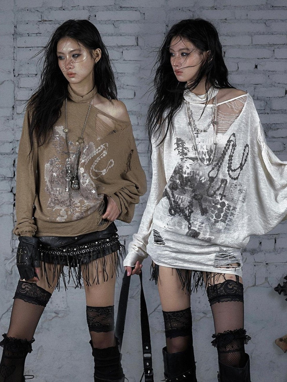 NO ROMANCE Ripped Baroque Punk Loose Asymmetric Shoulder Women'S Knit Long Sleeve T-Shirts