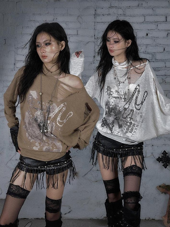 NO ROMANCE Ripped Baroque Punk Loose Asymmetric Shoulder Women'S Knit Long Sleeve T-Shirts