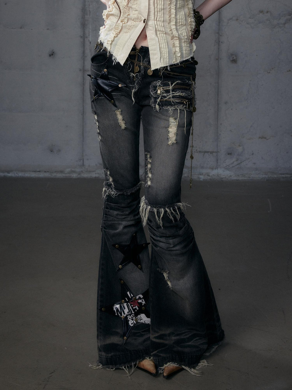 NO ROMANCE Rock Punk Embroidered Star Washed High Waist Slim Women'S Denim Flare Jeans