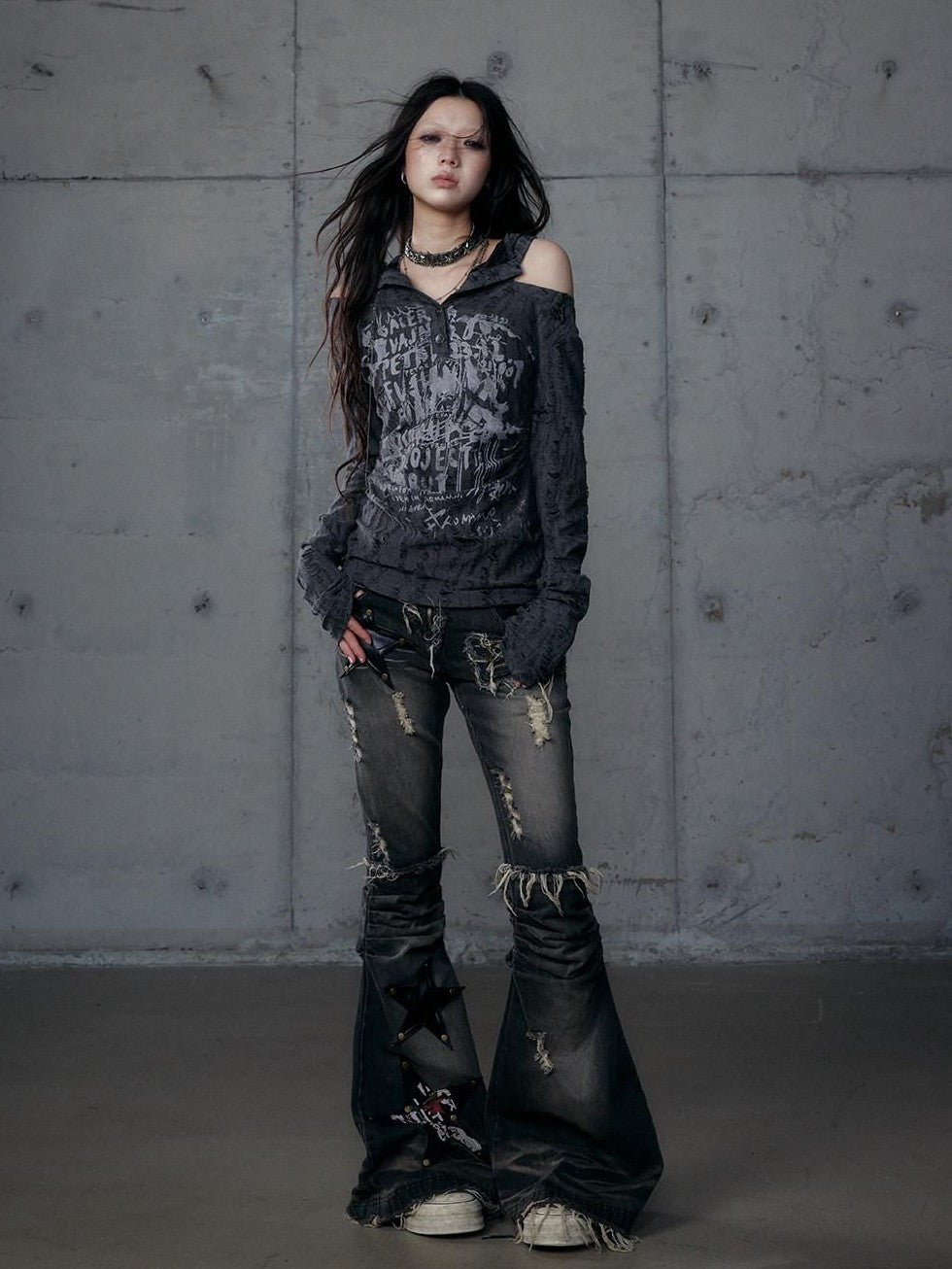 NO ROMANCE Rock Punk Embroidered Star Washed High Waist Slim Women'S Denim Flare Jeans