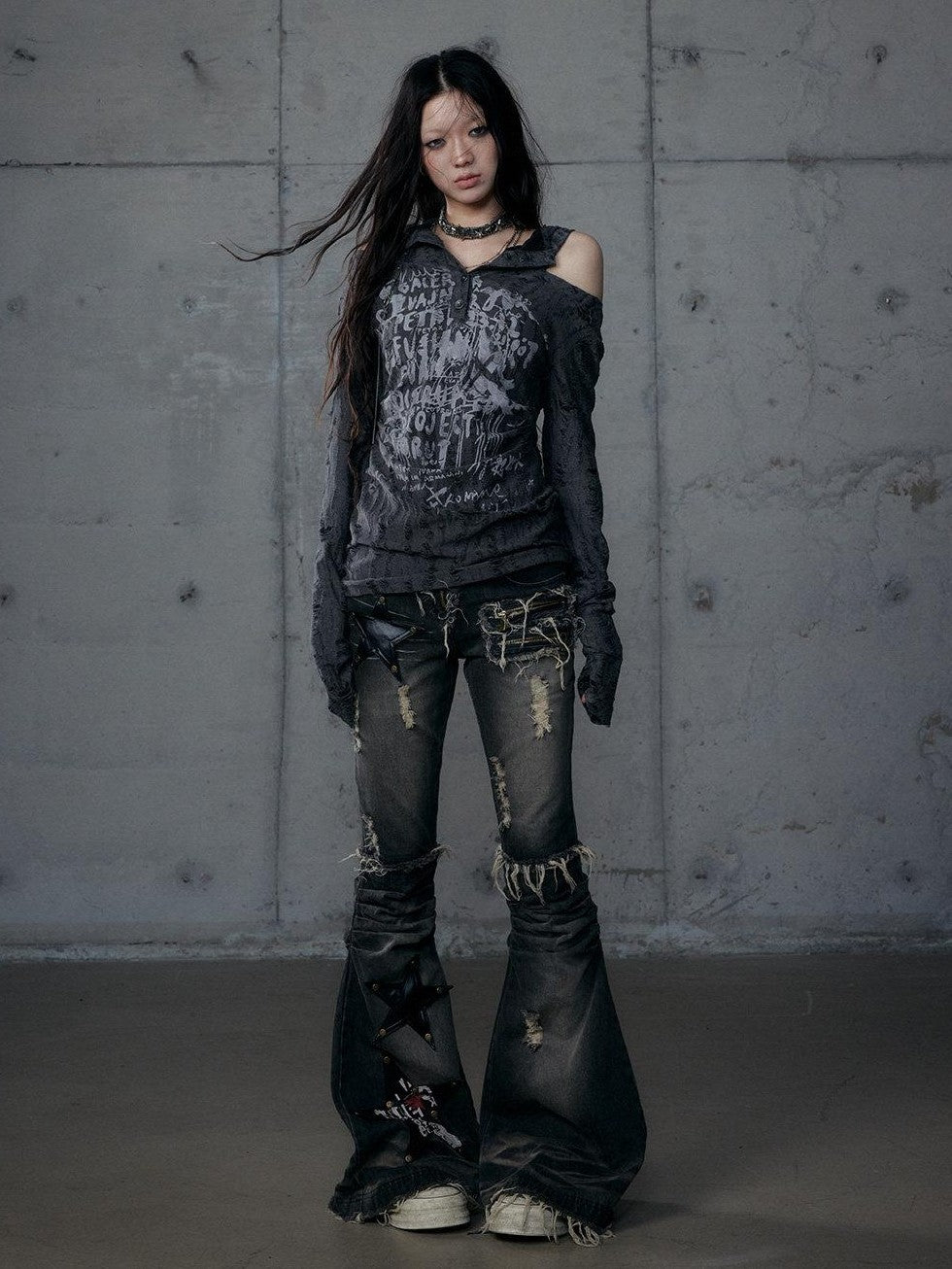 NO ROMANCE Rock Punk Embroidered Star Washed High Waist Slim Women'S Denim Flare Jeans