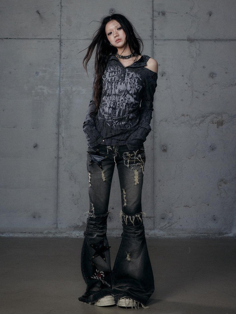 NO ROMANCE Rock Punk Embroidered Star Washed High Waist Slim Women'S Denim Flare Jeans