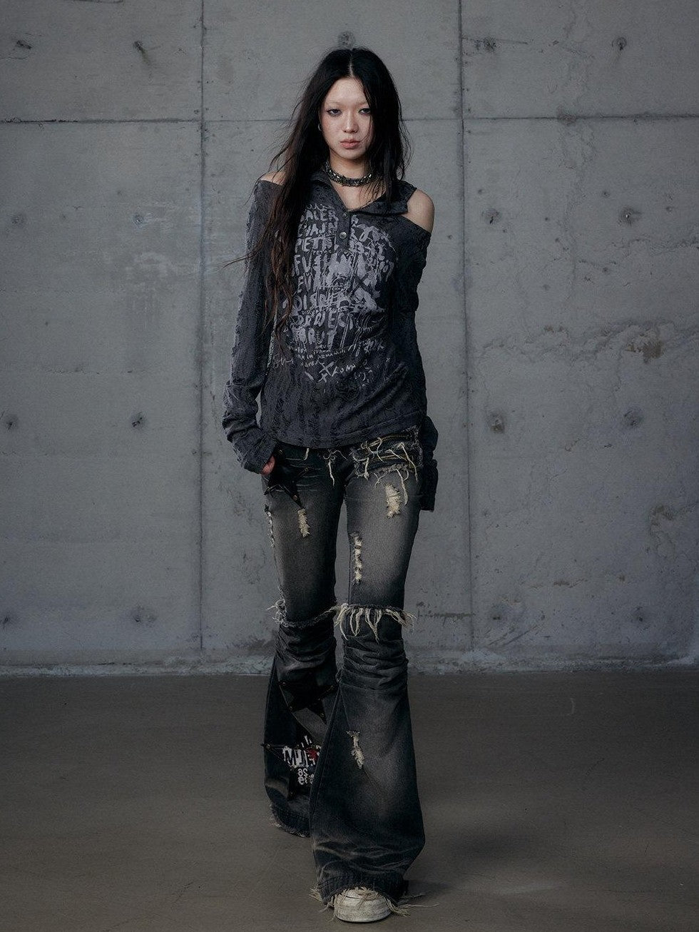 NO ROMANCE Rock Punk Embroidered Star Washed High Waist Slim Women'S Denim Flare Jeans