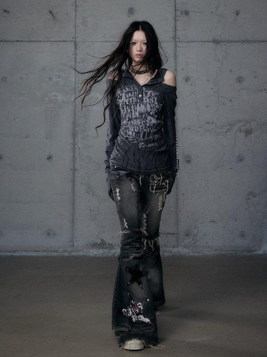 NO ROMANCE Rock Punk Embroidered Star Washed High Waist Slim Women'S Denim Flare Jeans