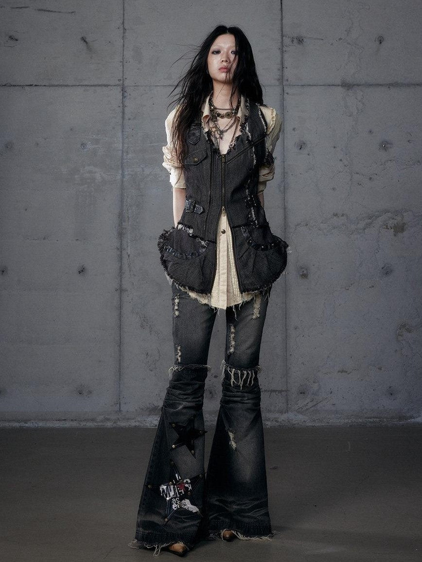 NO ROMANCE Rock Punk Embroidered Star Washed High Waist Slim Women'S Denim Flare Jeans
