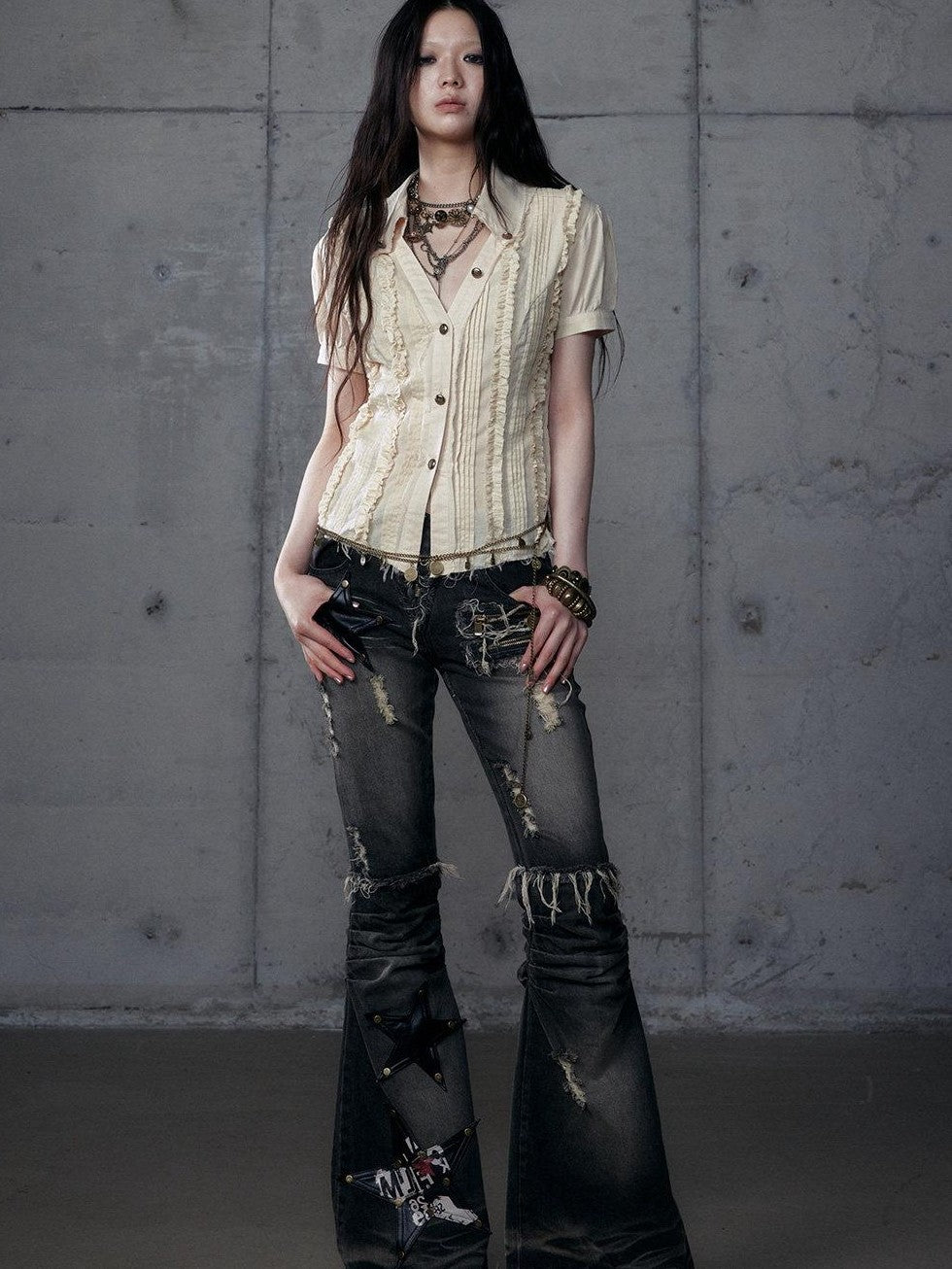 NO ROMANCE Rock Punk Embroidered Star Washed High Waist Slim Women'S Denim Flare Jeans
