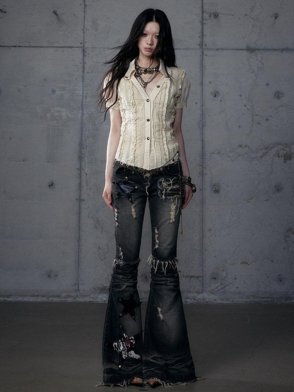 NO ROMANCE Rock Punk Embroidered Star Washed High Waist Slim Women'S Denim Flare Jeans