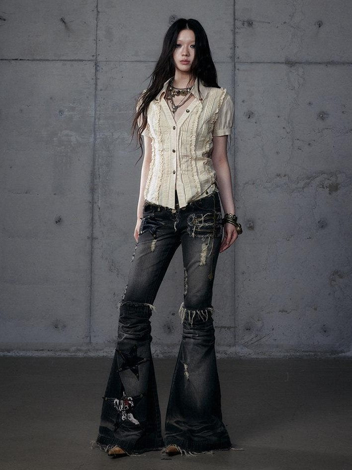 NO ROMANCE Rock Punk Embroidered Star Washed High Waist Slim Women'S Denim Flare Jeans