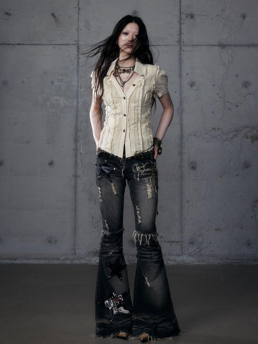 NO ROMANCE Rock Punk Embroidered Star Washed High Waist Slim Women'S Denim Flare Jeans