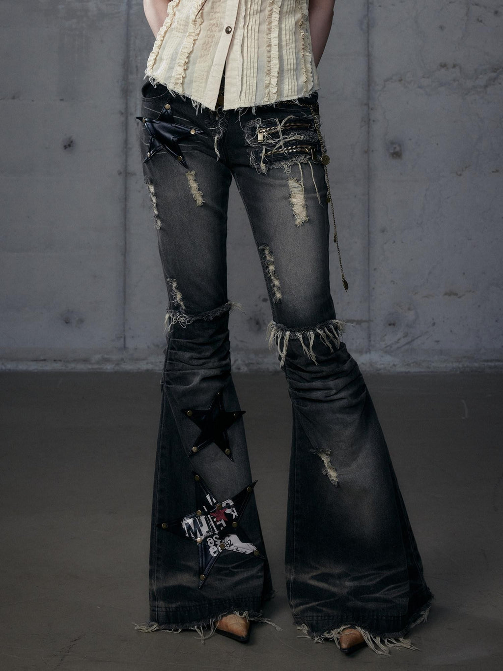 NO ROMANCE Rock Punk Embroidered Star Washed High Waist Slim Women'S Denim Flare Jeans