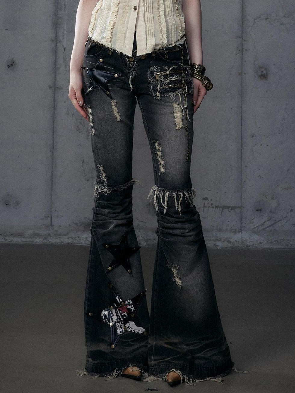 NO ROMANCE Rock Punk Embroidered Star Washed High Waist Slim Women'S Denim Flare Jeans