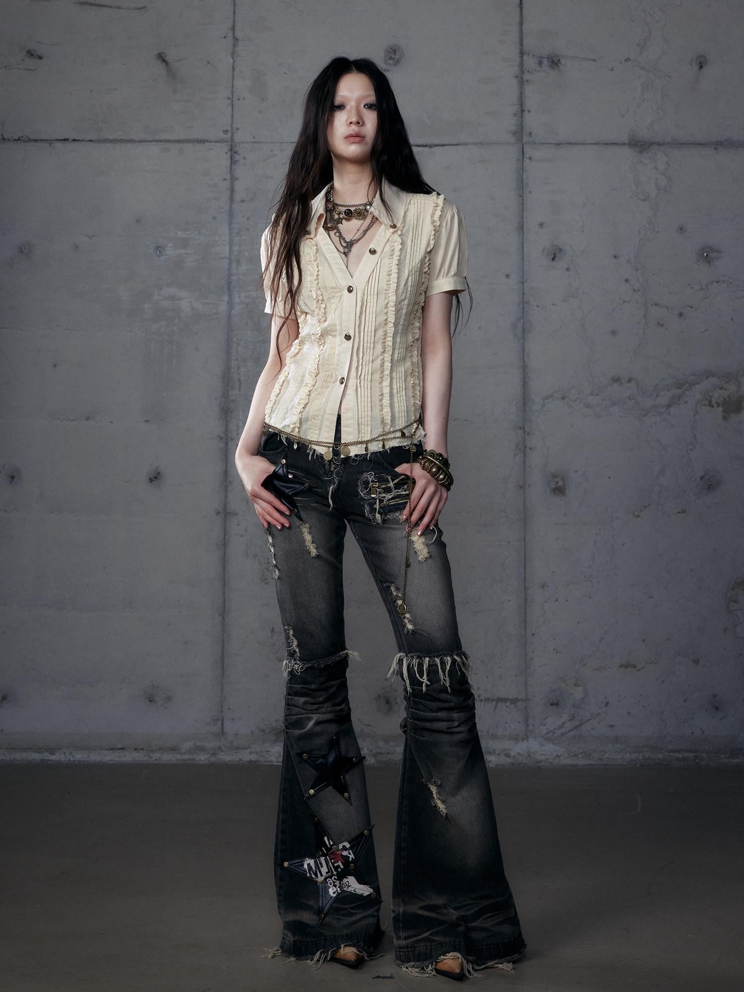 NO ROMANCE Rock Punk Embroidered Star Washed High Waist Slim Women'S Denim Flare Jeans
