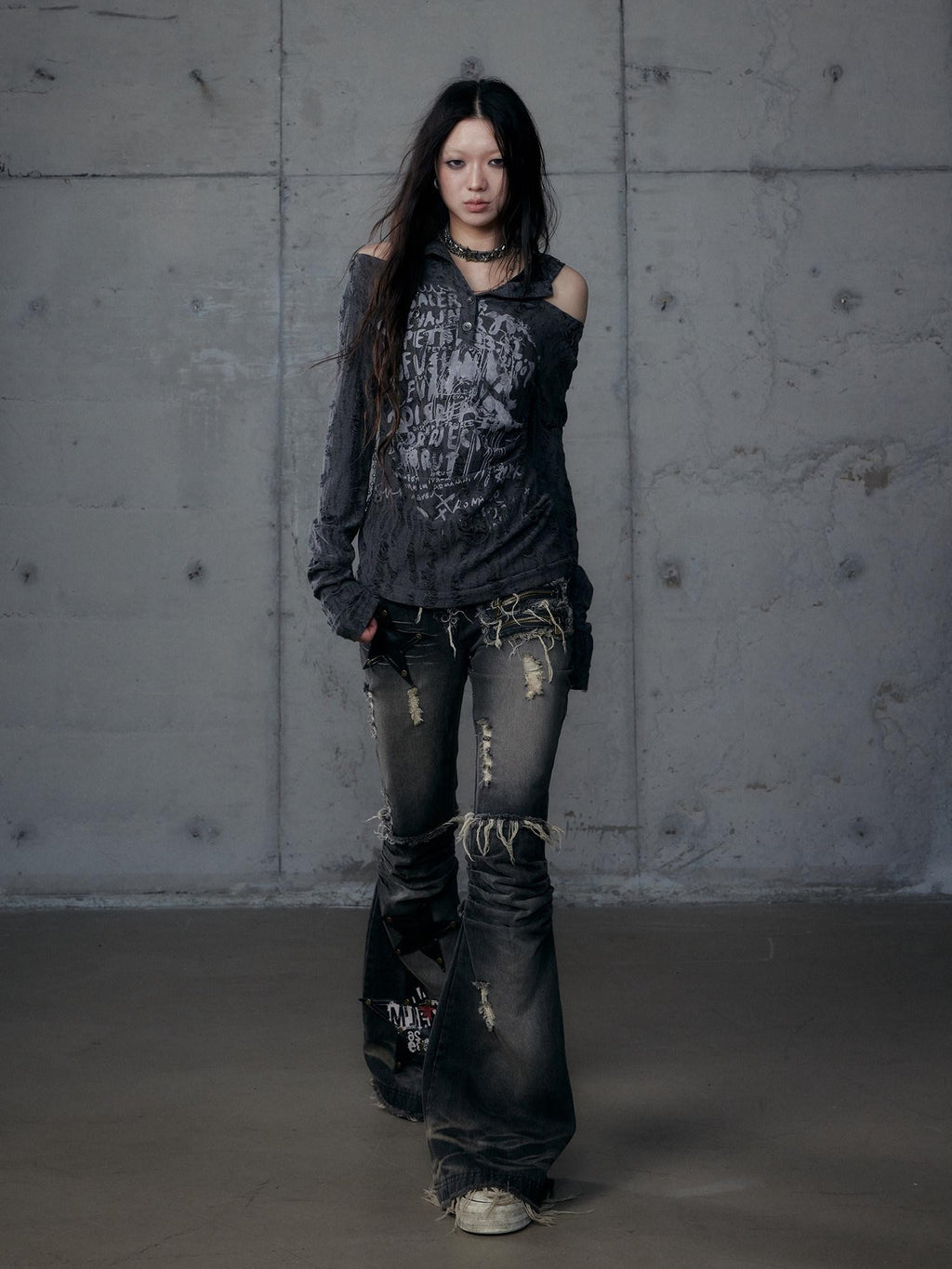 NO ROMANCE Rock Punk Embroidered Star Washed High Waist Slim Women'S Denim Flare Jeans