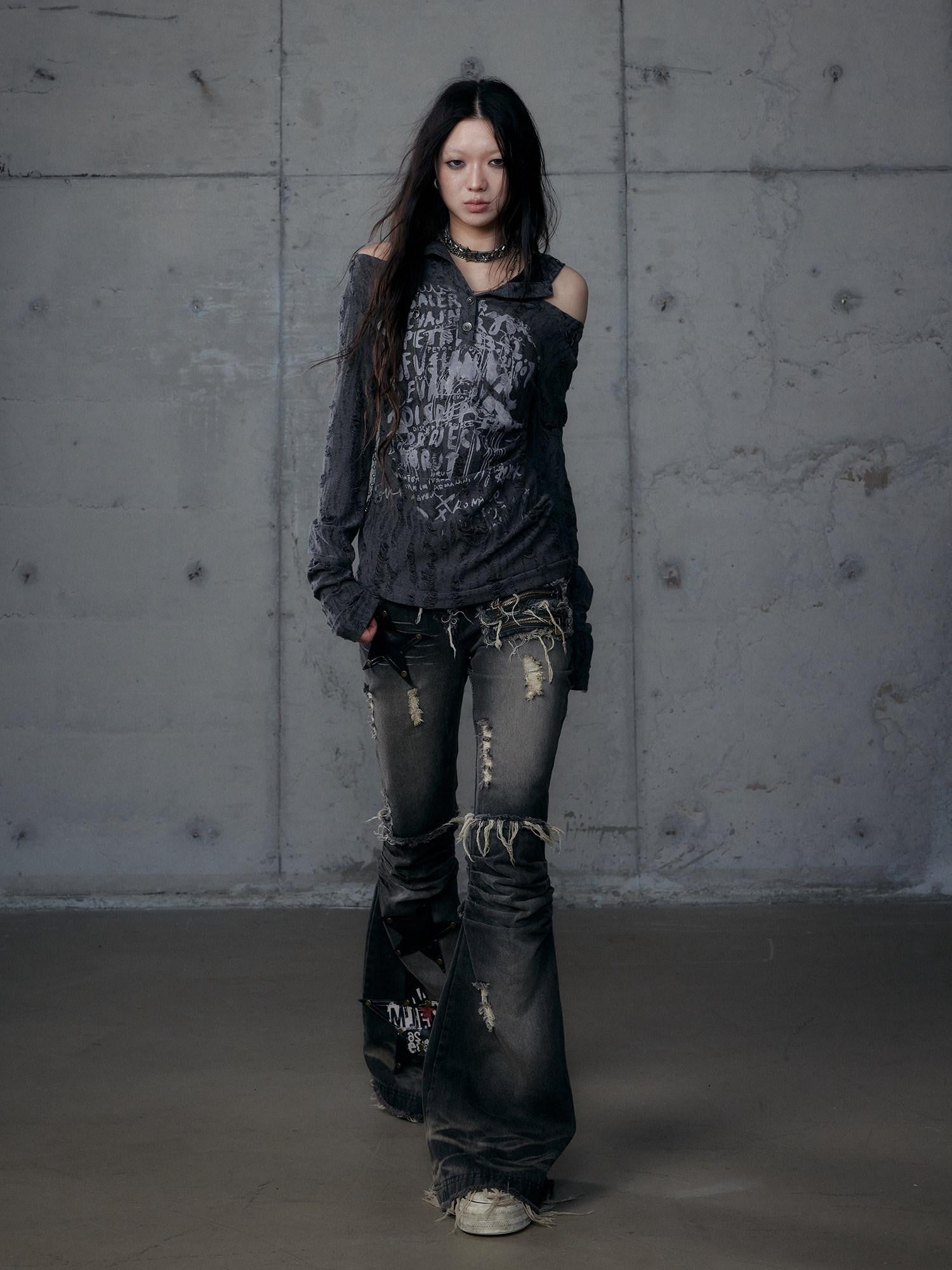 NO ROMANCE Rock Punk Embroidered Star Washed High Waist Slim Women'S Denim Flare Jeans