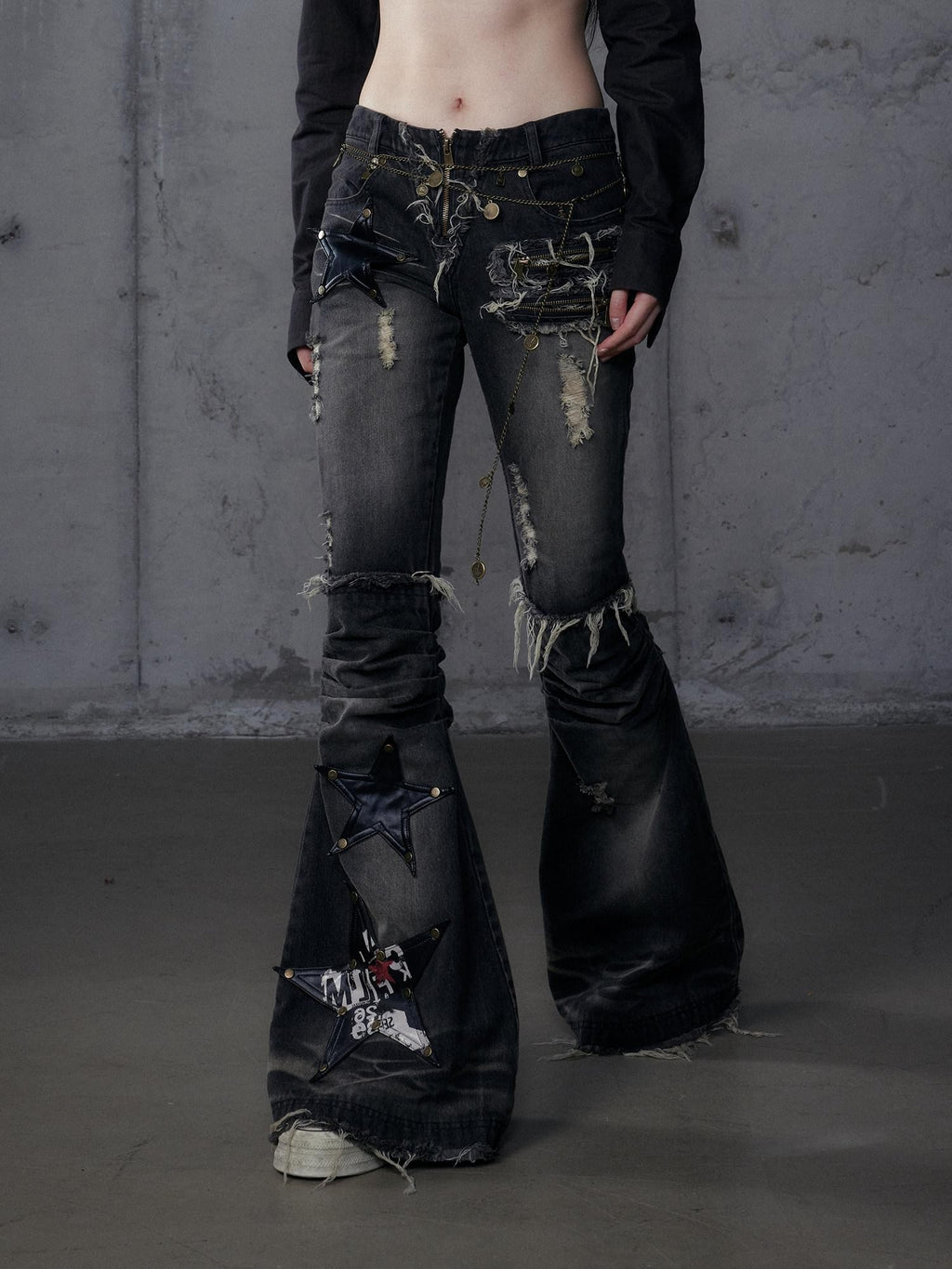 NO ROMANCE Rock Punk Embroidered Star Washed High Waist Slim Women'S Denim Flare Jeans