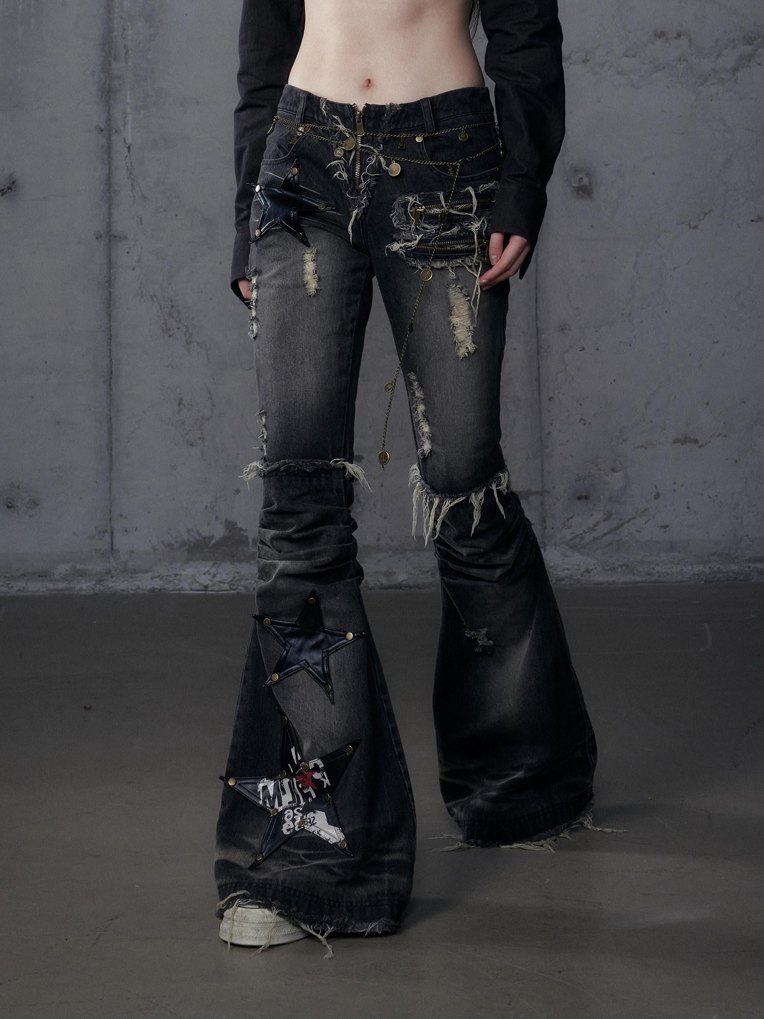 NO ROMANCE Rock Punk Embroidered Star Washed High Waist Slim Women'S Denim Flare Jeans