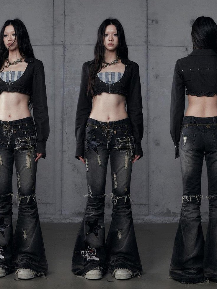 NO ROMANCE Rock Punk Embroidered Star Washed High Waist Slim Women'S Denim Flare Jeans