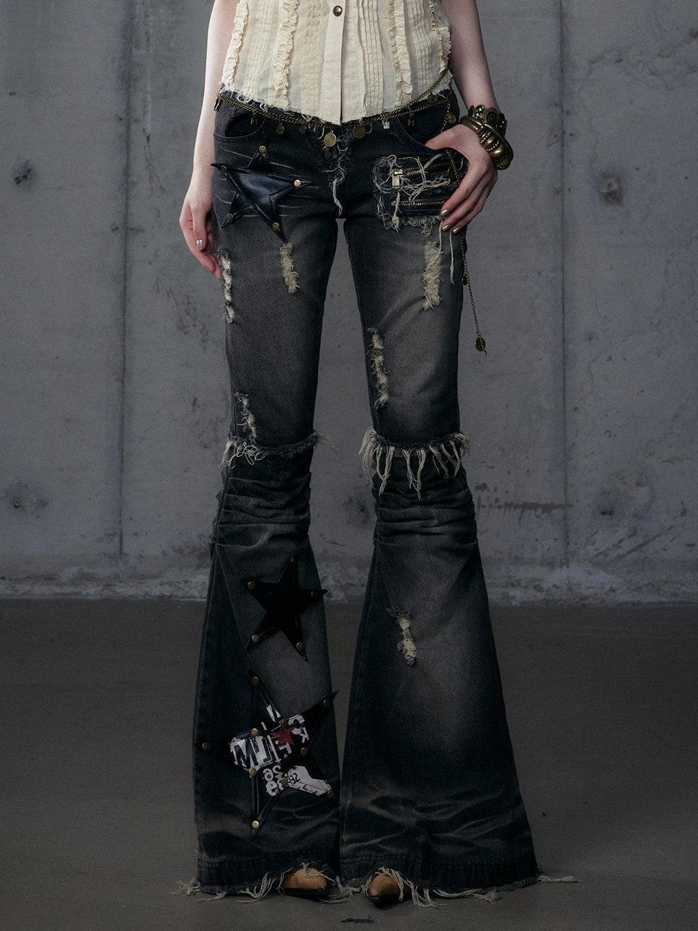 NO ROMANCE Rock Punk Embroidered Star Washed High Waist Slim Women'S Denim Flare Jeans