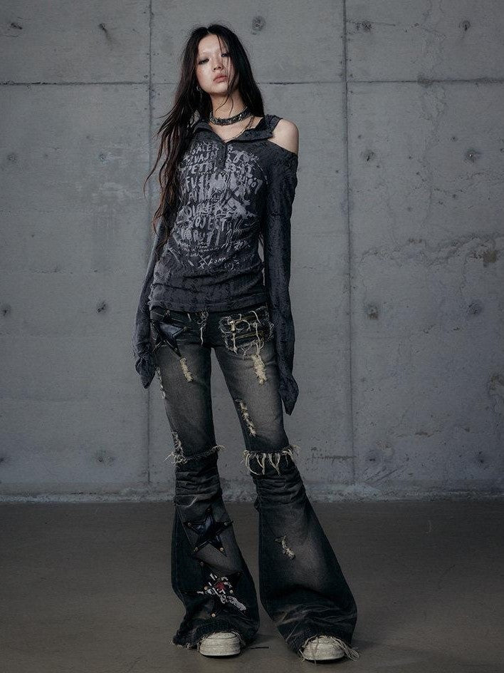 NO ROMANCE Rock Punk Embroidered Star Washed High Waist Slim Women'S Denim Flare Jeans