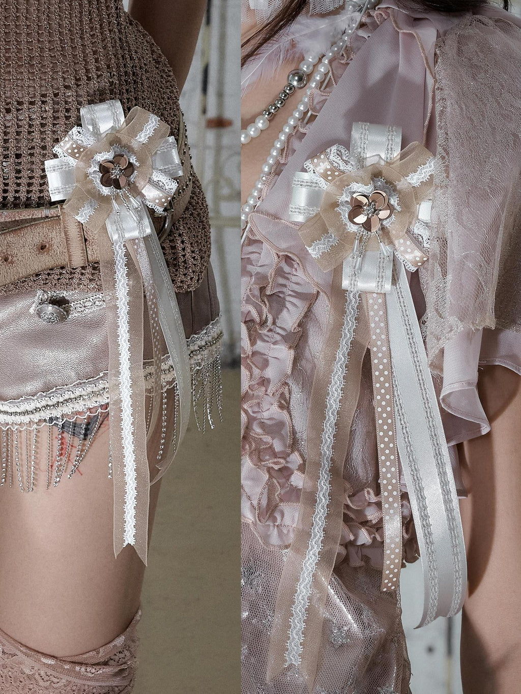 NO ROMANCE Royal Lace Satin Ribbon Feather Handmade Women'S Mixed Materials Brooches