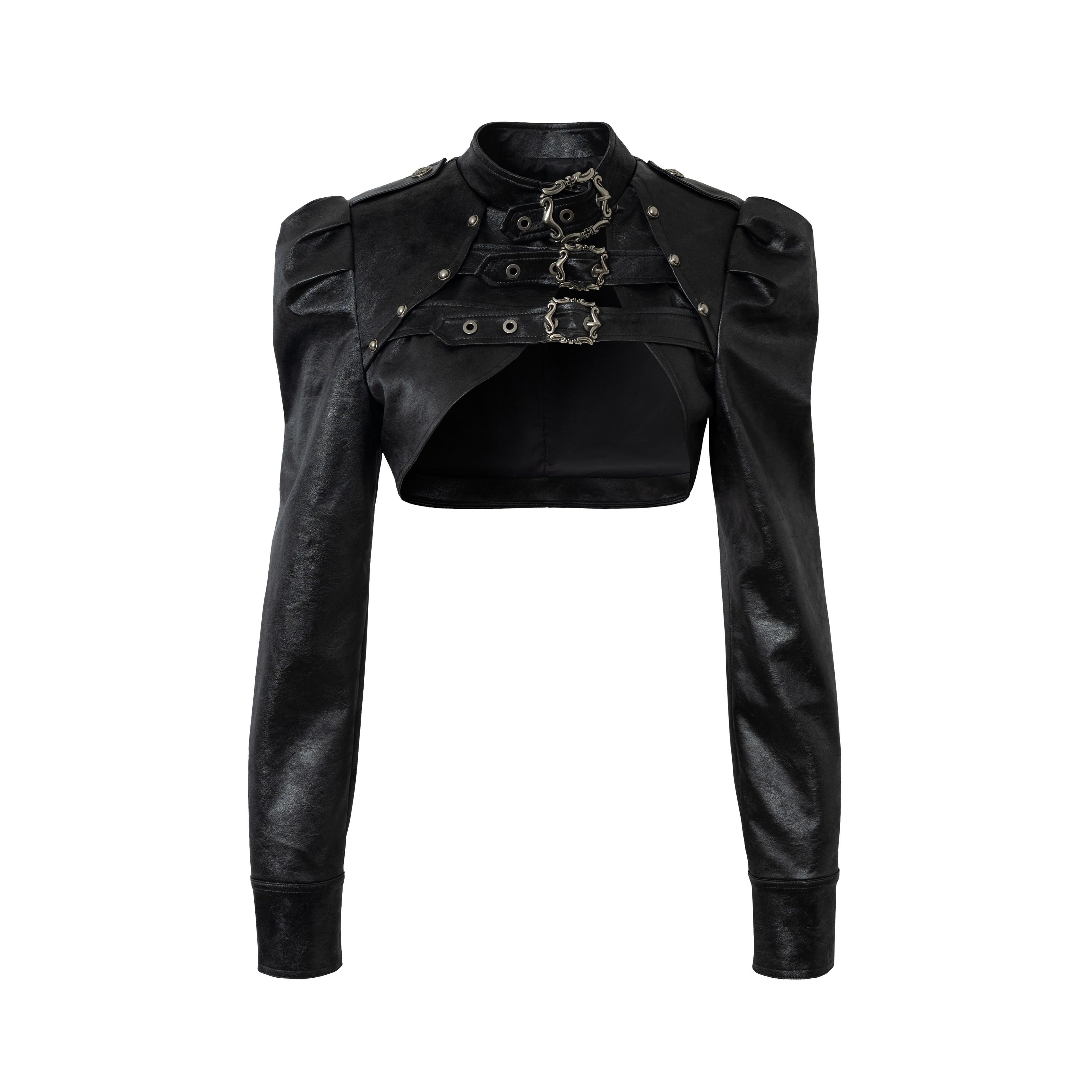 NO_ROMANCE_Ruched_Heavy_Hardware_Biker_Vintage_Punk_Women'S_Pu_Cropped_Leather_Jackets_MISSTT