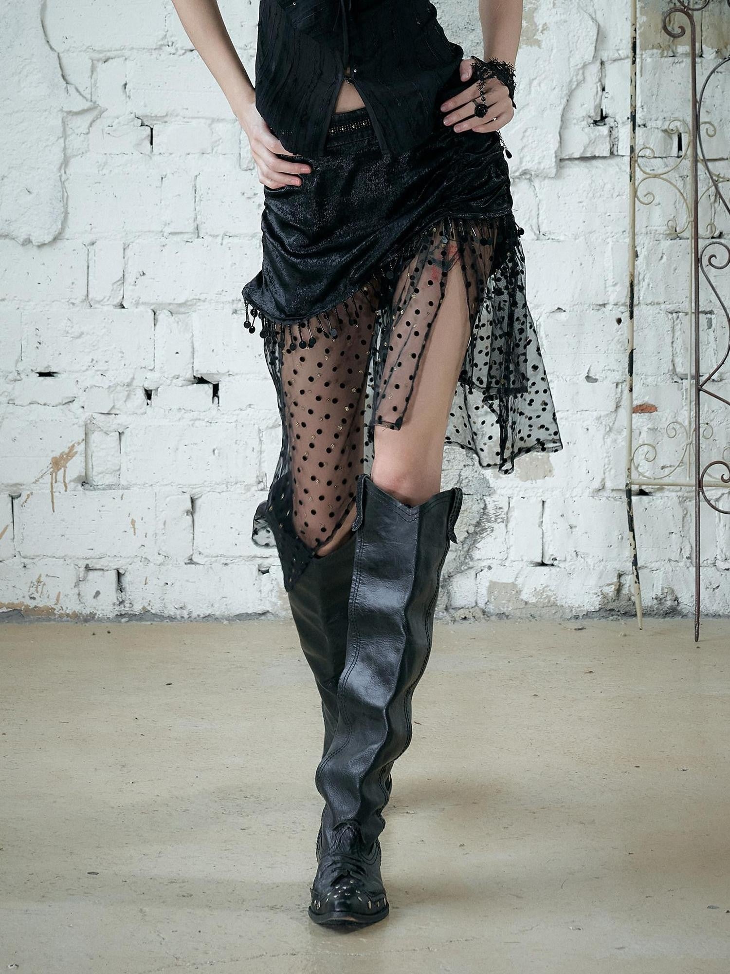 NO ROMANCE Satin Mesh Tassel Asymmetric Faux Slit Mermaid Women'S Polyester Midi Skirts