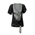 NO_ROMANCE_Skull_Print_Asymmetrical_Two_Piece_V-neck_Women'S_Cotton_Short_Sleeve_T-Shirts_MISSTT