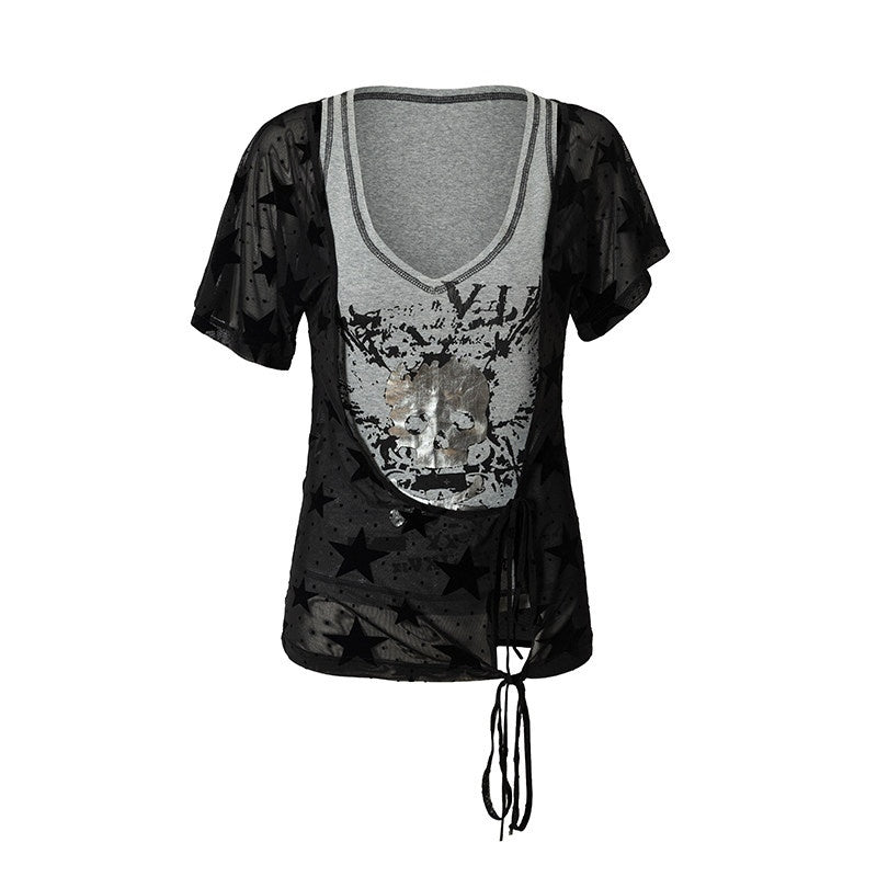 NO_ROMANCE_Skull_Print_Asymmetrical_Two_Piece_V-neck_Women'S_Cotton_Short_Sleeve_T-Shirts_MISSTT