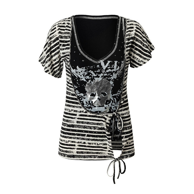 NO_ROMANCE_Skull_Print_Asymmetrical_Two_Piece_V-neck_Women'S_Cotton_Short_Sleeve_T-Shirts_MISSTT