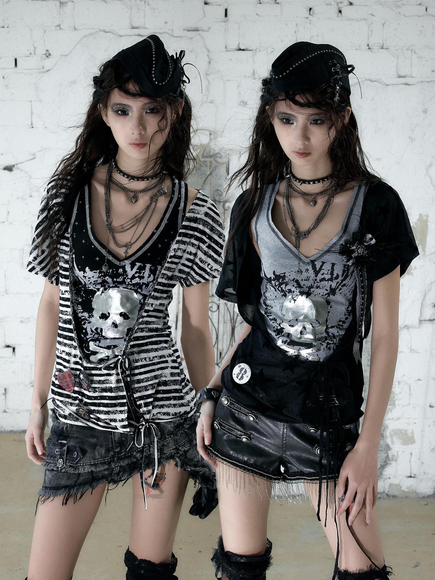 NO ROMANCE Skull Print Asymmetrical Two Piece V-neck Women'S Cotton Short Sleeve T-Shirts