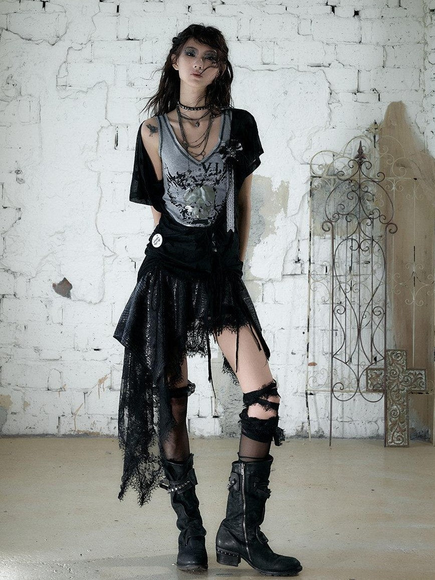 NO ROMANCE Skull Print Asymmetrical Two Piece V-neck Women'S Cotton Short Sleeve T-Shirts