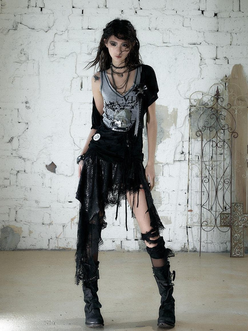 NO ROMANCE Skull Print Asymmetrical Two Piece V-neck Women'S Cotton Short Sleeve T-Shirts